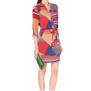 Diane Van Furstenberg Freya Dress In Vibrant  Geometric Print 100% Silk Size 10